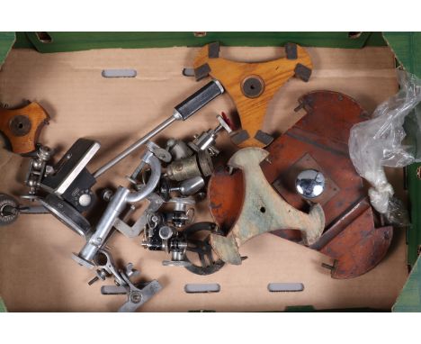 Tripod Components, including a Rowi pan and tilt head, a large wooden tripod plate, several small wooden tripod plates, four 
