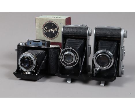 Three British Folding Roll Film Cameras, comprising an Ensign Selfix 820, Epsilon shutter sticking at slow speeds, Ross Xpres