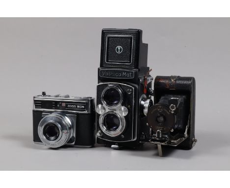 Three Various Cameras, a Yashica Mat TLR Camera, film advance lever jammed, body G, some wear to edges, with Yashinon 80mm f/