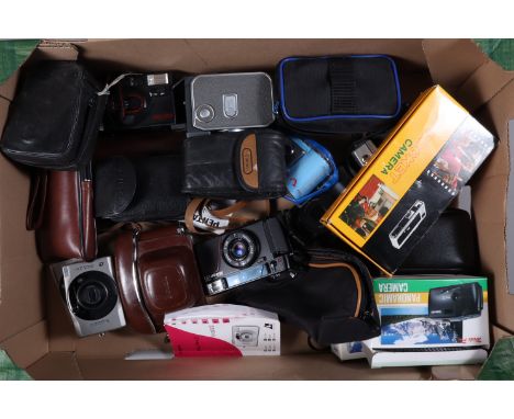 A Tray of Various Film Cameras, including a Yashica Sequelle half frame camera, a Canon Ixus, a Canon Ixus II, two Canon Ixus