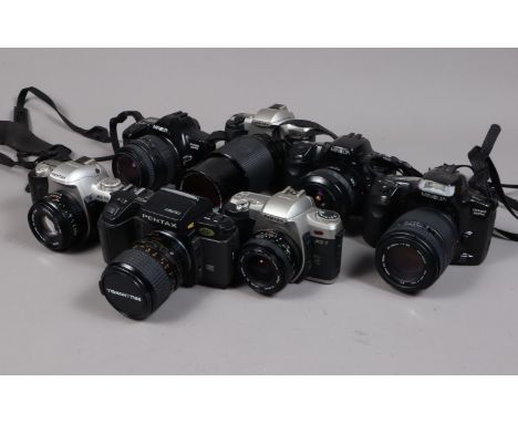 A Tray of SLR Cameras, including a Pentax SFX, with Bell &amp; Howell 35-70mm f/3.5-4.5 lens, a MZ-7, with Vivitar 28mm f/2.8