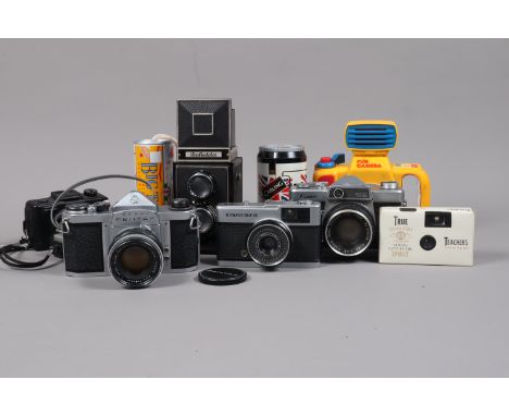 Various Cameras, including an Asahi Pentax H2 SLR with Auto-Takumar 55mm f/2 lens, a Kowa SE, an Olympus Trip 35, a Voigtländ