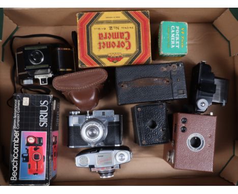 A Tray of Box and Snapshot Cameras, comprising a Canadian Kodak No 0 Brownie, a boxed blue Coronet No 2, a brown Portrait Haw