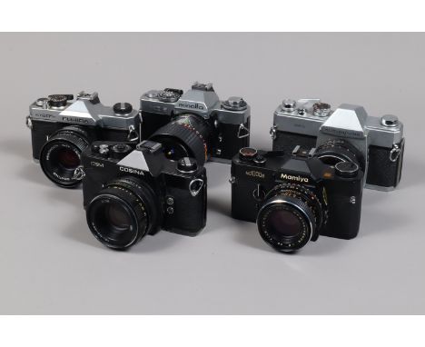 A Tray of SLR Cameras,  a Fujica ST 605N, shutter fires, meter responsive, with Pentacon 50mm f/1.8 lens, G, a Minolta XD 5, 