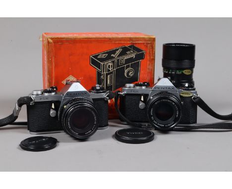 Two Pentax ME SLR Cameras, serial no 1755334, shutter working, meter reacts to light, no 9545350, shutter fires on 1/100s onl