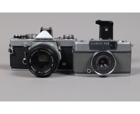 An Olympus OM-1N SLR and Olympus Pen EE-2 Cameras, serial no 2016898, body F-G, shutter working, meter reacts to light, an OM