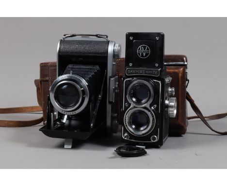 An Ensign Selfix 820 Folding Camera and a Sawyer's Mark IV TLR Camera, Selfix serial no E22598, Epsilon shutter sticking open