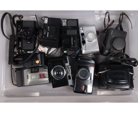 A Tray of Compact Cameras, including a Minolta AF-C, a Vivitar 35EE, a Nikon Zoom Flash 400, a Ricoh YF-20, an Olypus Trip AF