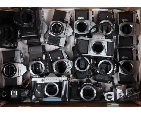 A Tray of SLR Camera Bodies, including Asahi Pentax models, other Pentax models, Nikon EM, Praktica examples and other, A/F