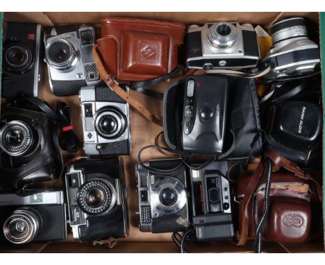 A Tray of 35mm Film Viewfinder Cameras, brands include Adox, Agfa (2), Balda, Honeywell, Kodak (3), Konica, Minolta, Nikon Pr