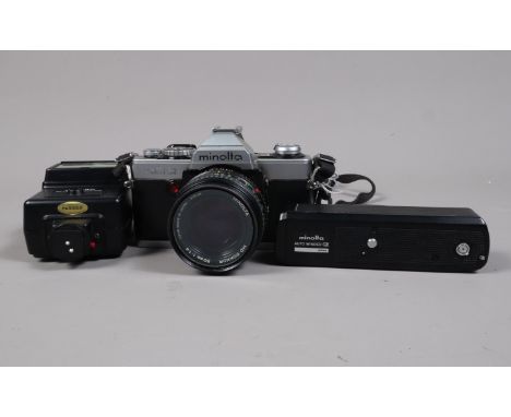 A Minolta XG 2 SLR Camera, not working, with Minolta MD Rokkor 50mm f/1.4 lens, serial no 3360232, a Lumix 55mm UV filter, a 