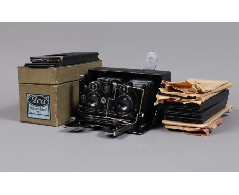 An ICA Stereo Ideal 651 Folding Plate Camera, for 6 x 13cm stereo plates, body G-VG, frame finder detached, Compur Stereo shu
