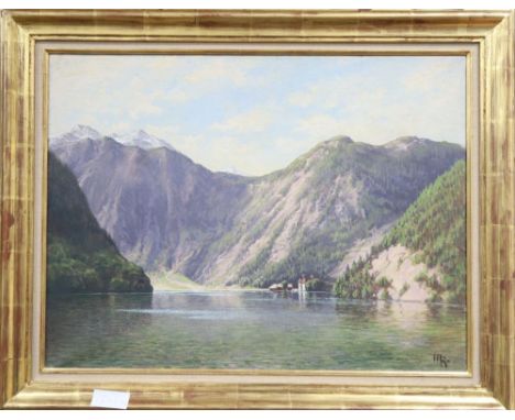 M R, oil on canvas, Swiss lake scene, 45 x 60cm