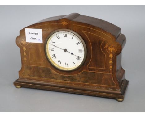 An Edwardian inlaid mahogany and burr walnut mantel timepiece