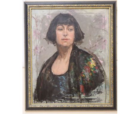 M. Loufte, oil on canvas, Sketch portrait of a woman wearing a black shawl, 55 x 45cm