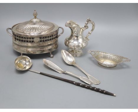 A George III silver and balleen toddy ladle, an 800 standard basket dish, a William IV silver butter knife, a French dessert 