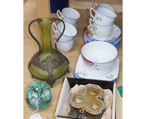 A Loetz-style green bulbous glass vase with bronzed mount, a Kilner small glass dump with lily inclusions and sundries, inclu