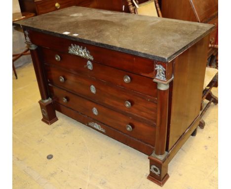 A French Empire ormolu mounted mahogany marble topped commode, fitted four long drawers, W.131cm, D.63cm, H.92cm