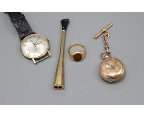 An 18ct gold and agate signet ring, gross 6.6 grams, a gentleman's 9ct gold Rotary automatic wrist watch, a 9ct gold cigarett