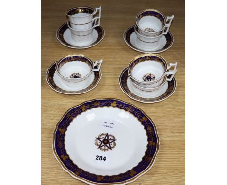 A Rockingham style twelve piece blue and gilt part tea service
