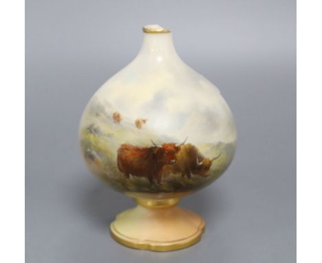 A Royal Worcester vase painted with Highland cattle by John Stinton (later lid and cut down), height 14cm