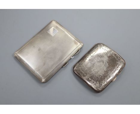 An engine turned silver cigarette case and a smaller case with engraved decoration, 6oz.