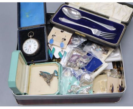 A group of assorted costume jewellery, including a silver and fork christening set