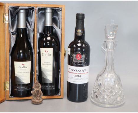 Gallo Family Coastal Vineyards two bottle wooden presentation box (2003 Cabernet Sauvignon and 2004 Chardonnay) and three oth