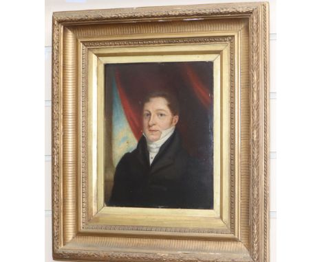 19th century English School, oil on mill board, Head and shoulder portrait of a gentleman wearing a black jacket, 25 x 20cm