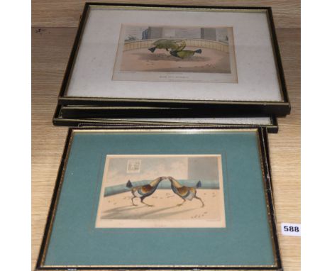 C R Stock (19th century), set of four coloured engravings, Cockfighting scenes, 18 x 22cm and a similar pair of prints