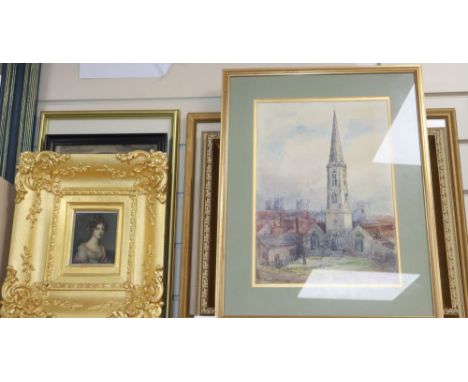A group of assorted paintings and prints including Lesley Badam watercolour of Gravesend, 26 x 37cm and Sydney Yates Johnson,