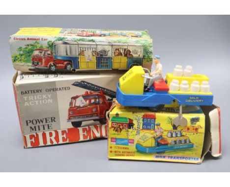 Three clockwork toy vehicles: A circus animal car, boxed; a milk transporter, boxed and a Powermite firing engine, boxed