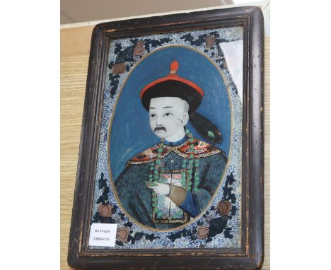 19th century Chinese School, reverse painting on glass, Portrait of a Chinese man with jade bead necklace, 33 x 22cm