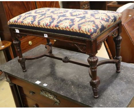 An Edwardian rosewood tapestry topped piano stool, W.84cm