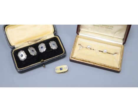 A pair of 14ct gold and sapphire cufflinks, gross 11.3 grams, a similar unmarked clip, gross 4.8 grams and a pair of 10k gold