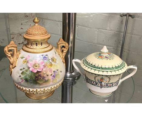 ROYAL WORCESTER HAND PAINTED GILT POT POURRI JAR WITH ROYAL WORCESTER LIDDED POT A/F