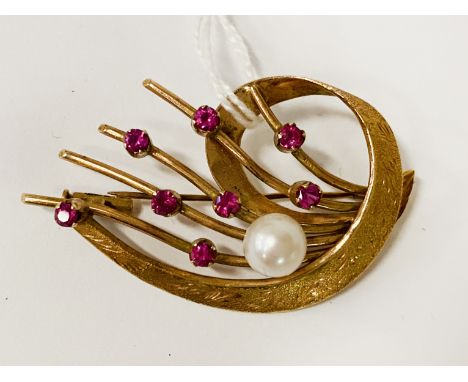 14CT GOLD RUBY &amp; PEARL BROOCH 8.4 GRAMS APPROX