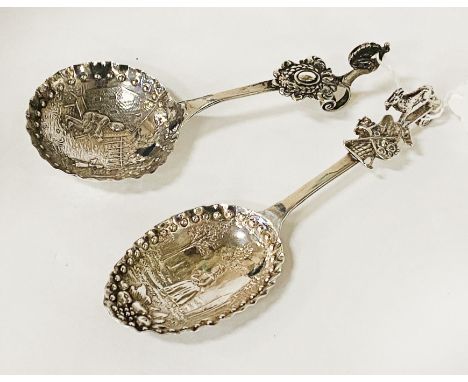 TWO HM SILVER DUTCH TEA CADDY SPOONS 1.8OZS APPROX