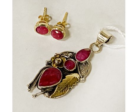 STERLING SILVER RAW RUBY PENDANT &amp; STUD EARRINGS