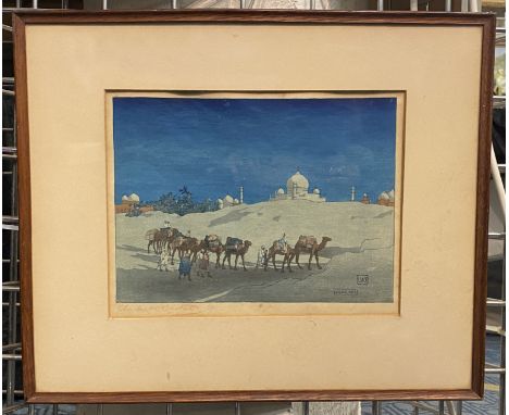 CHARLES BARTLETT SIGNED WOOD BLOCK CAMEL TRAIN IN AGRA 24CMS X 31CMS INNER FRAME SOME SLIGHT FOXING BUT NOT IN THE PRINT - CO