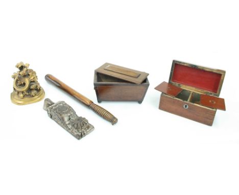 Victorian sarcophagus tea caddy, raised on three ball feet, 8" wide; together with another plain tea caddy and further treen 
