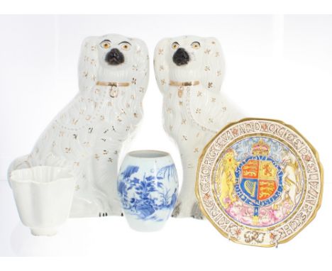 Two similar Staffordshire pottery dogs, 13.5" high; Paragon 1937 King George and Queen Elizabeth souvenir cabinet plate, flut