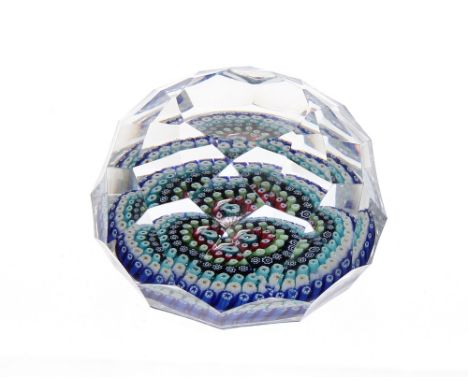 Whitefriars multifaceted glass and concentric millefiori cane paperweight, dated 1970, 3" diameter