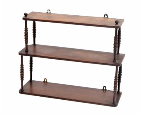 19th century mahogany three tier graduated wall shelf with bobbin turned supports, 24" wide, 18.75" high