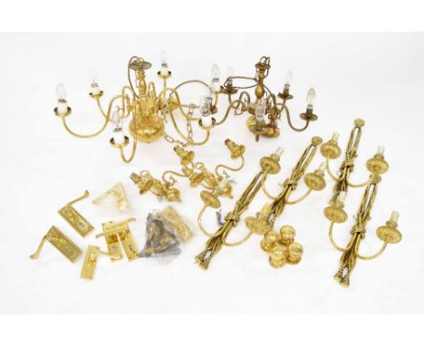 Collection of assorted brass light fittings, both for ceiling and wall, including a six branch candelabra, 25" across, a smal