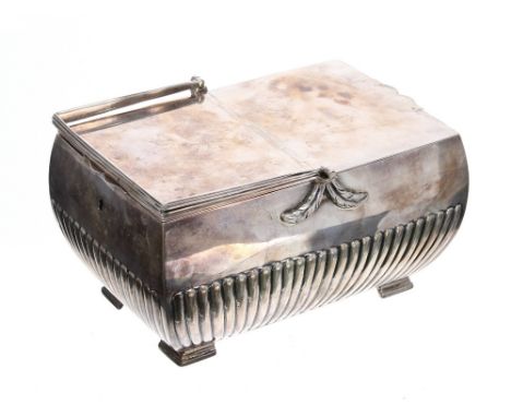 George III half reeded silver tea caddy, the swing handle over two locking hinge lidded compartments raised on four feet, mak