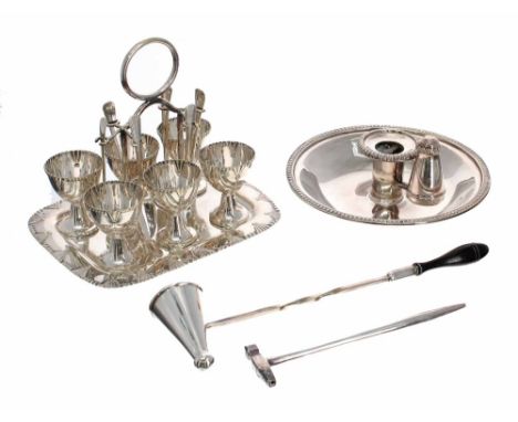 Silver plated egg cruet stand, comprising six moulded rim egg cups and spoons (four matching and two associated); together wi