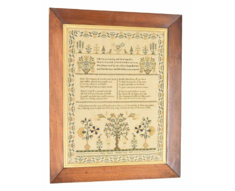 Early Victorian framed sampler by Mary Tizard, worked with verse and images of trees and plants, with scene of Adam and Eve, 