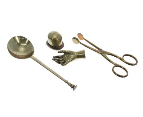 17th century brass seal-top/finial spoon, 6.75" long, together with other brass novelties including a top hat souvenir pencil