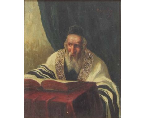 Paul Schneider (1884-1967) - Portrait of a rabbi seated wearing robes and a hat reading from a book, signed, also inscribed w